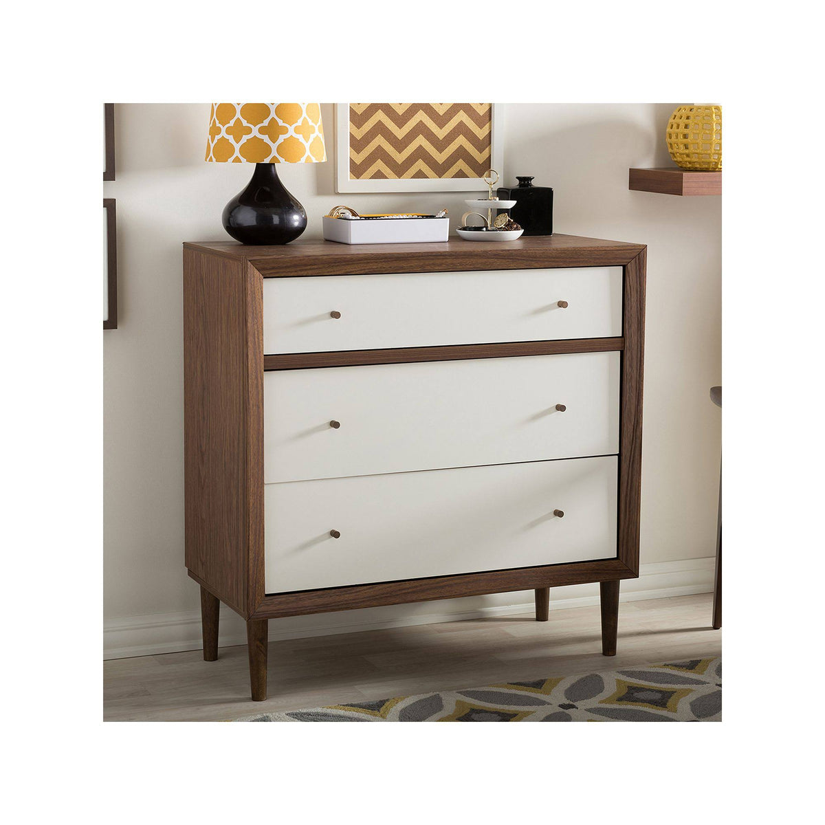 White and Walnut Wood 3-Drawer Chest J492460