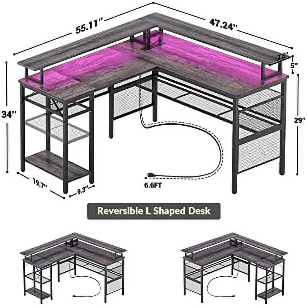 L Shaped Computer Desk with Power Outlet and LED Strip Black F267