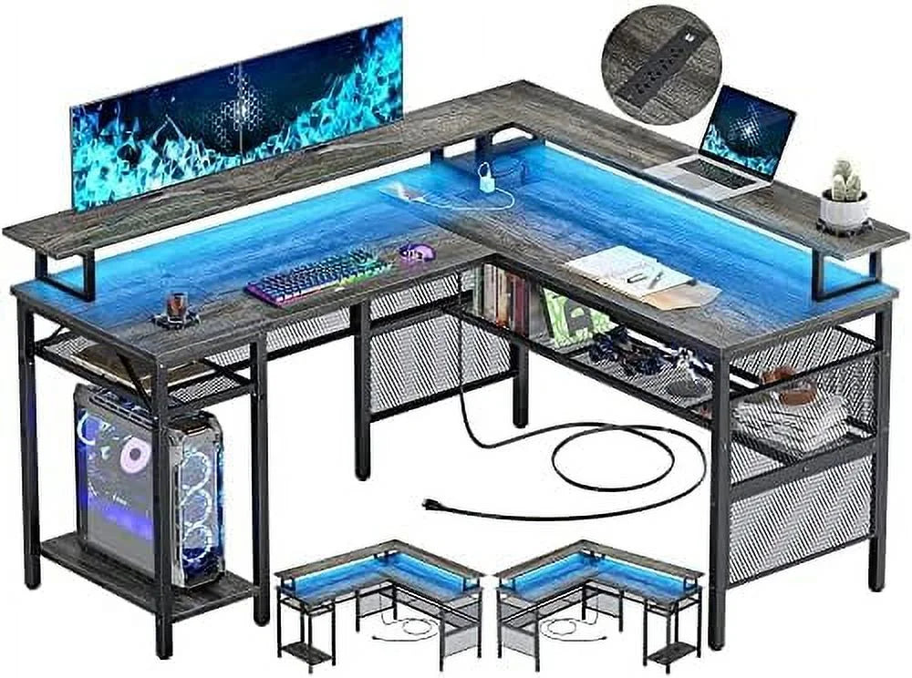 L Shaped Computer Desk with Power Outlet and LED Strip Black F267