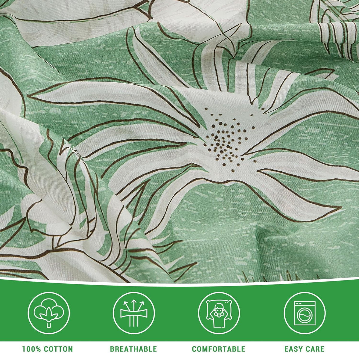 Green Floral Cotton Sheet Set Queen Size 4PC V123401