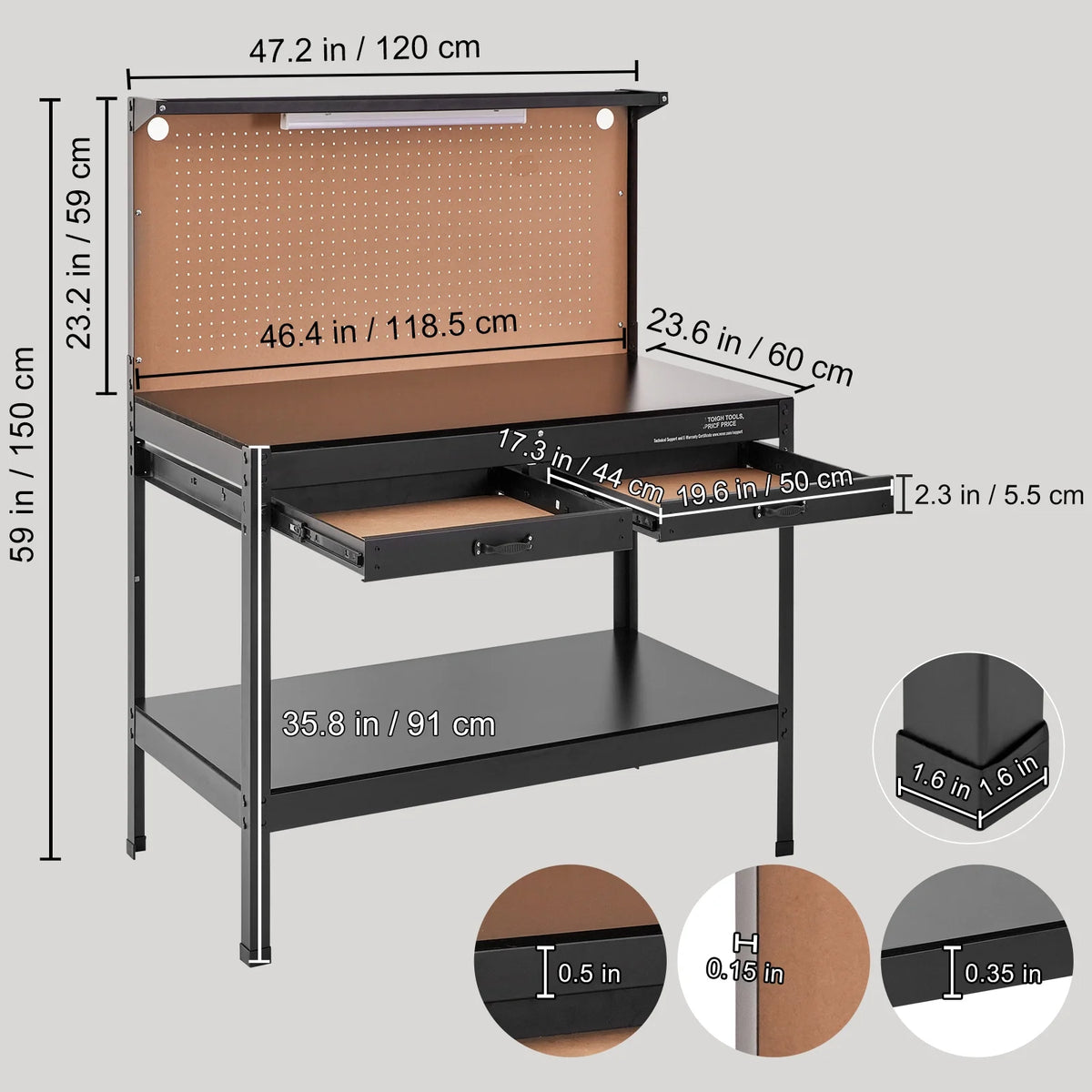 48x24" Steel Workbench with Pegboard and Power Outlets J489392
