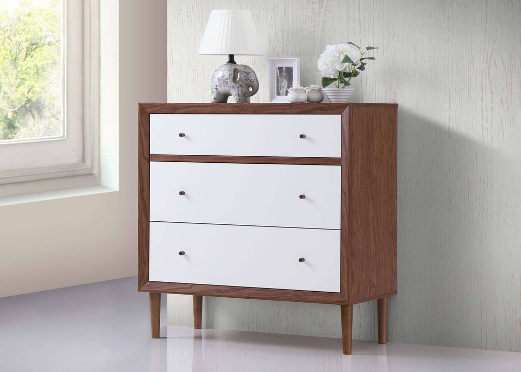 White and Walnut Wood 3-Drawer Chest J492460