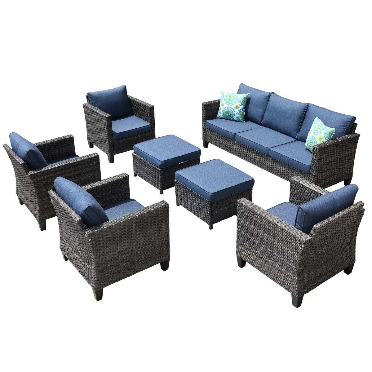 7 Pieces All Weather Wicker Patio Furniture Set with Sectional Couch and Ottoman D67900