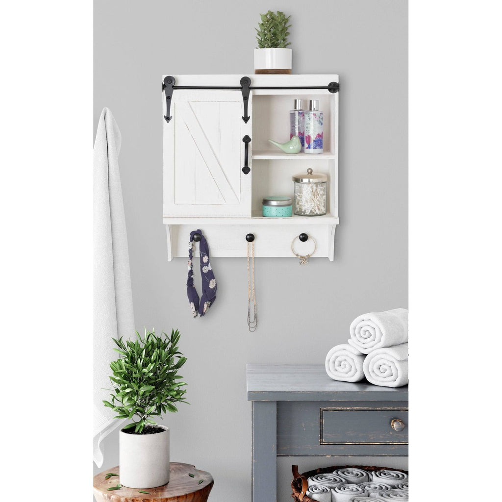 White Decorative Farmhouse Cabinet Wall Organizer with Sliding Barn Door and 3 Knobs T837324