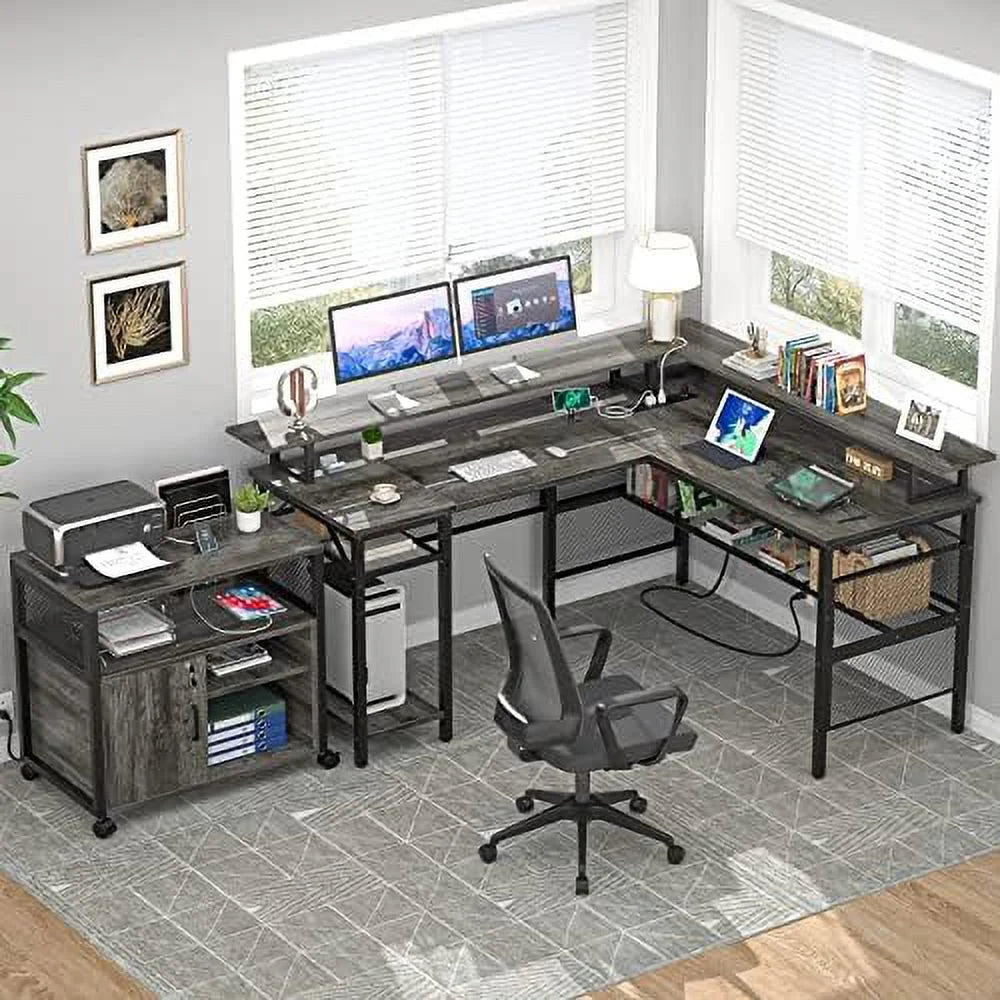 L Shaped Computer Desk with Power Outlet and LED Strip Black F267