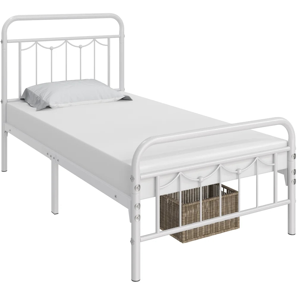 Metal Platform Bed with Vintage Headboard and Footboard, Twin XL, White D860077