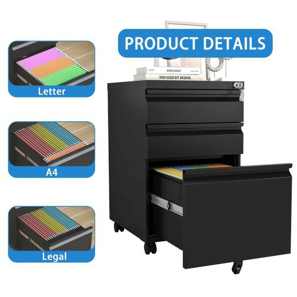 3 Drawer Black Metal File Cabinet with Lock U22896