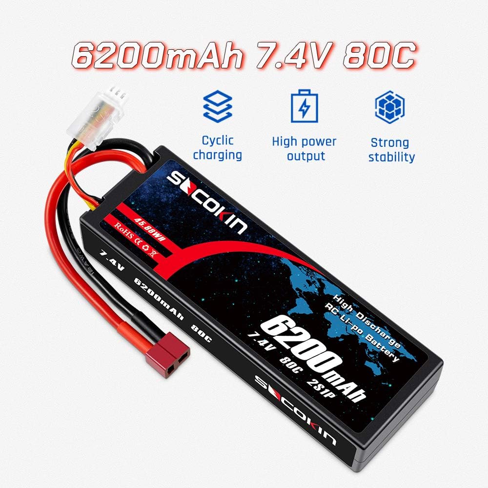 2 Pack 7.4V 2S 6200mAh 80C Hard Case Lipo Battery with Deans T E765