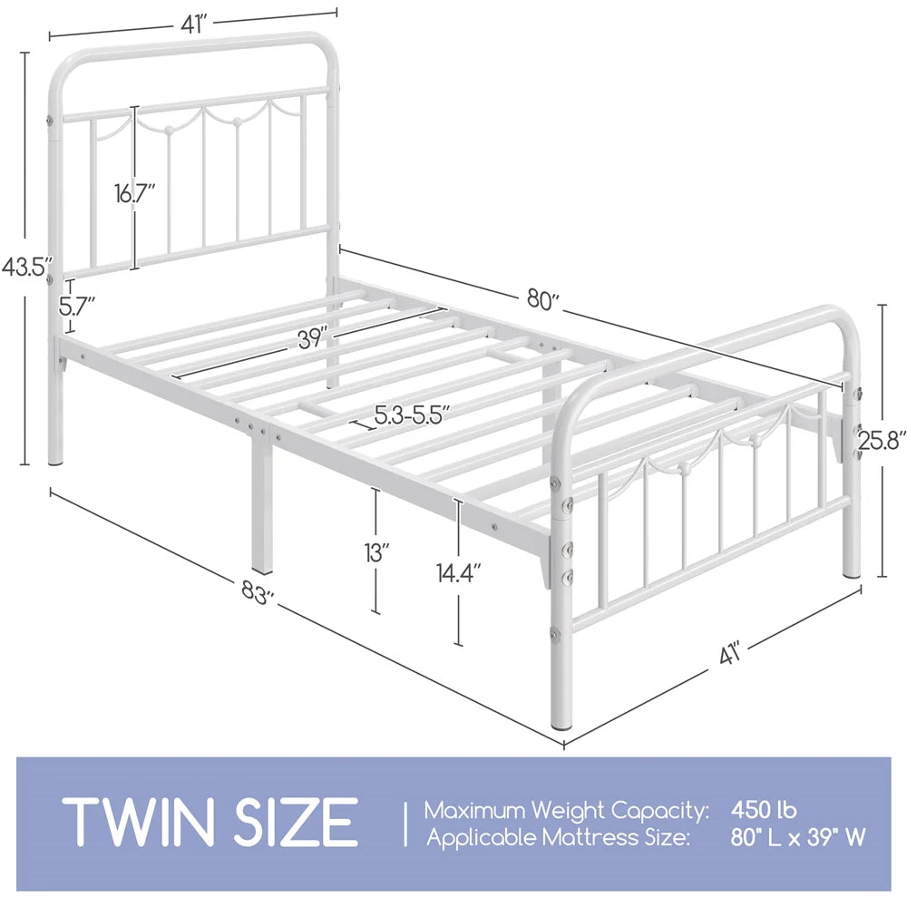 Metal Platform Bed with Vintage Headboard and Footboard, Twin XL, White D860077