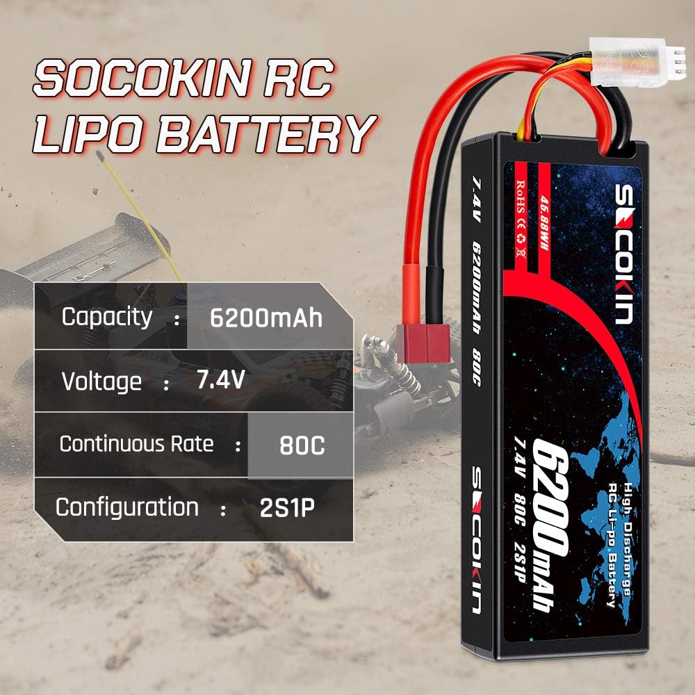 2 Pack 7.4V 2S 6200mAh 80C Hard Case Lipo Battery with Deans T E765