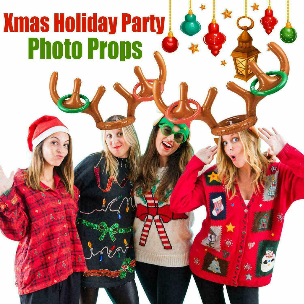 Inflatable Reindeer Antler Hat & Toss Ring Christmas Party Game Toys Q76430