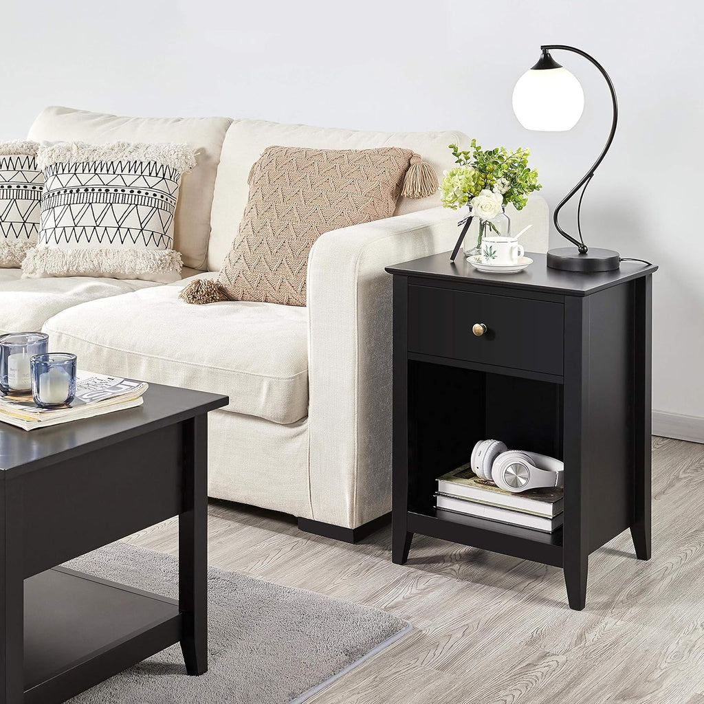 Black Wood Side End Table with Drawer and Open Storage Cabinet, Set of 2 L230487