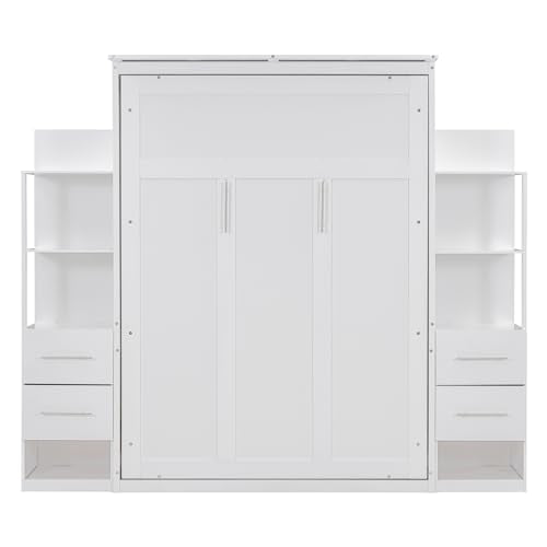 White Full Size Wood Murphy Bed with Shelves and LED Lights U1324