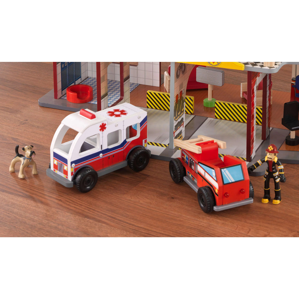 Wood Rescue Play Set with Ambulance, Fire Truck, Helicopter & 27 Pieces I241937
