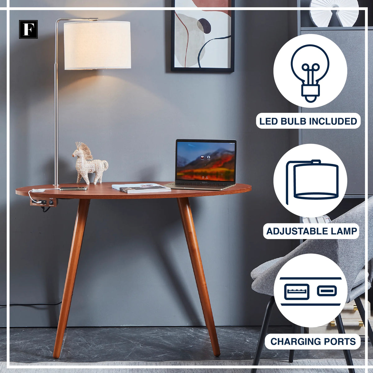 Oval Desk with USB-C Charging Station, 45.5", Walnut A20481