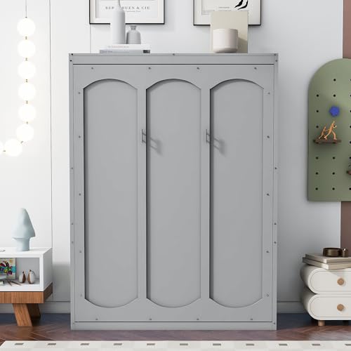 White Full Size Wood Murphy Bed with Shelves and LED Lights U1324