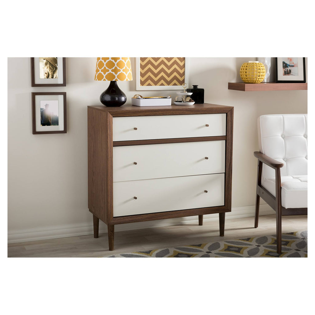 White and Walnut Wood 3-Drawer Chest J492460