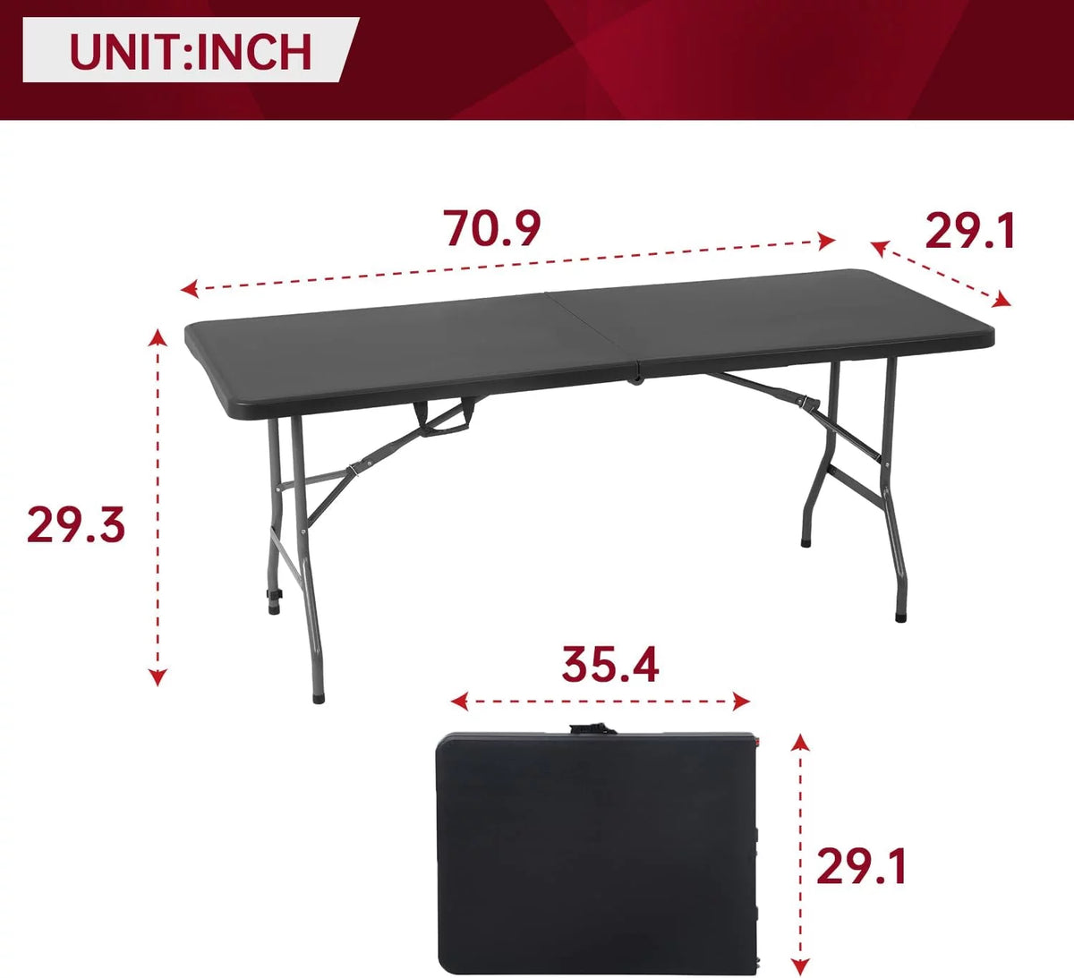 6ft Black Plastic Folding Table with Carrying Handle K4002