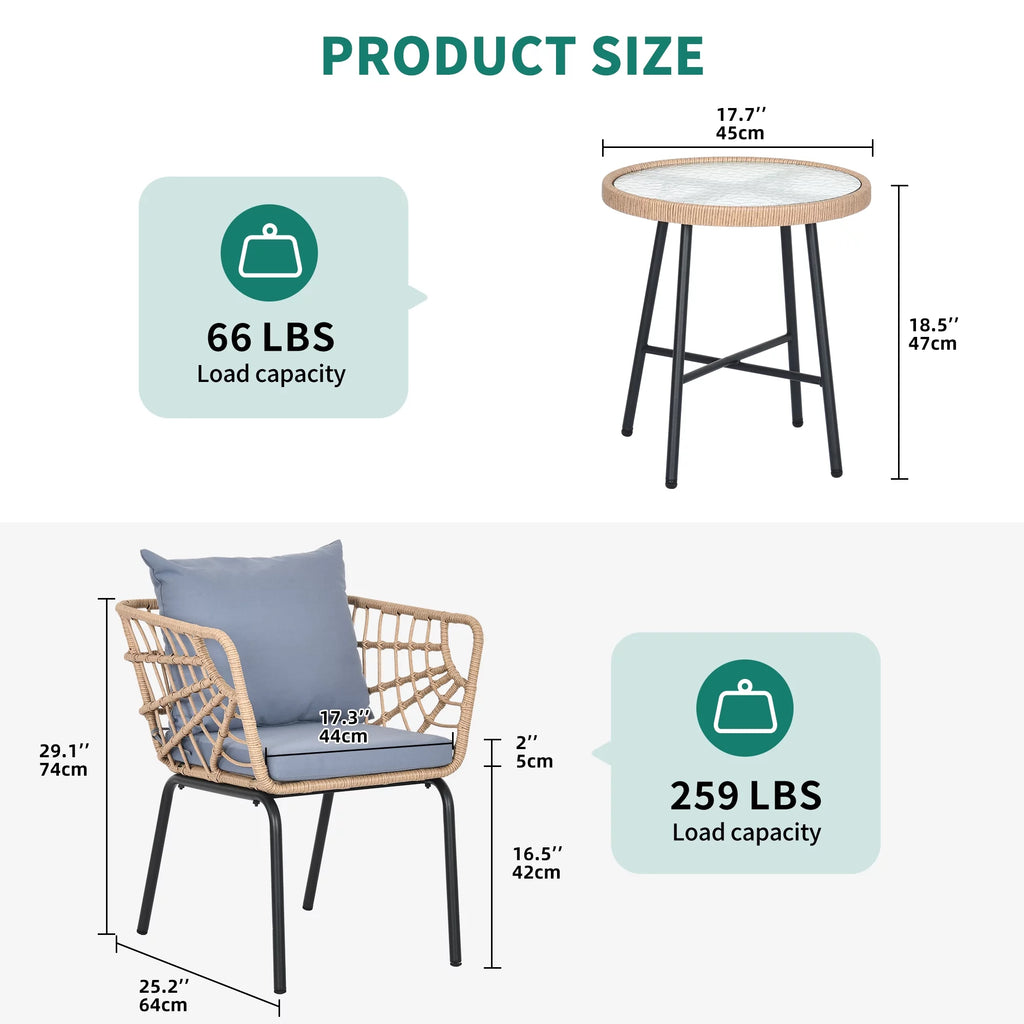 3-Piece Wicker Bistro Set with 2 Chairs and Coffee Table J984