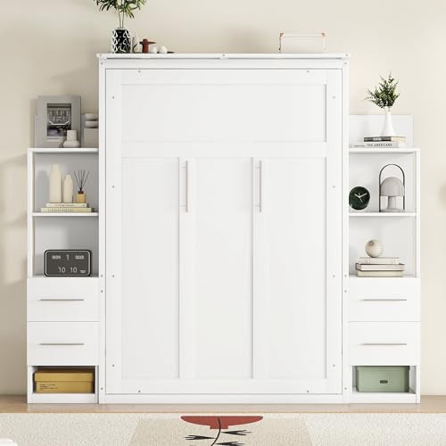 White Full Size Wood Murphy Bed with Shelves and LED Lights U1324
