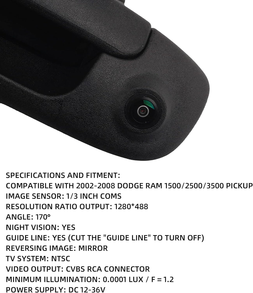 Tailgate Handle with Backup Rear View Camera for 2002-2008 Dodge Ram 1500 2500 3500, RCA Connector, Pack of 2 H642550