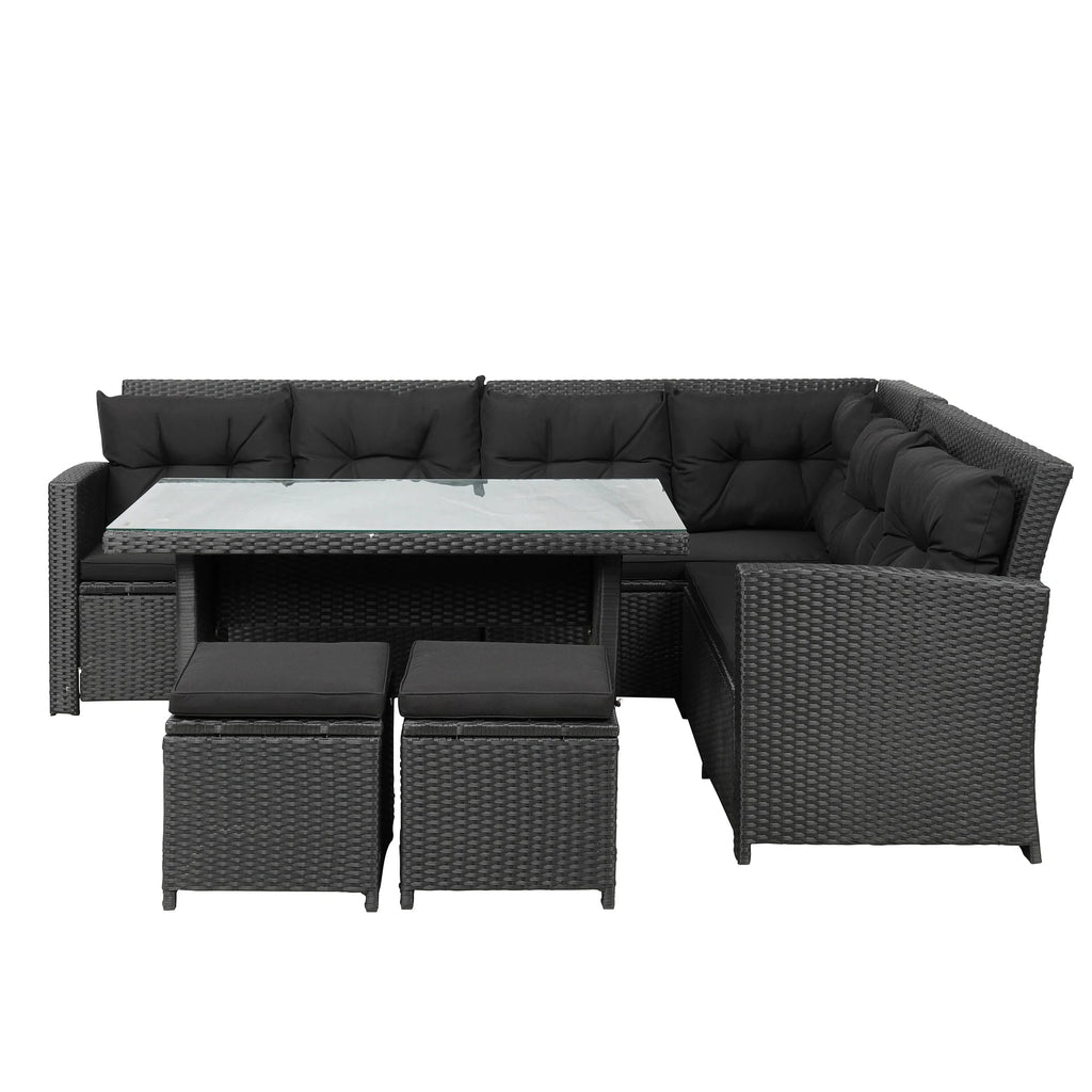 6-Piece Outdoor Sectional Sofa with Glass Table Ottomans Y6392