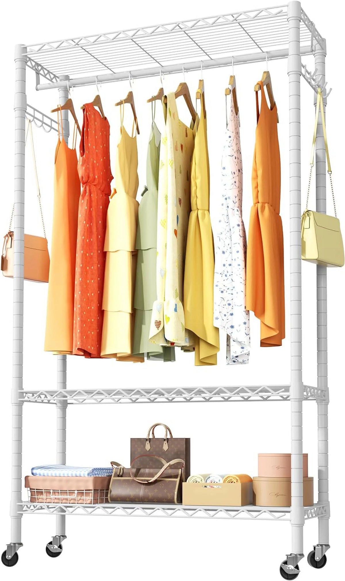 Portable Rolling Clothes Rack 3-Tier Adjustable Heavy Duty Metal White Q656060