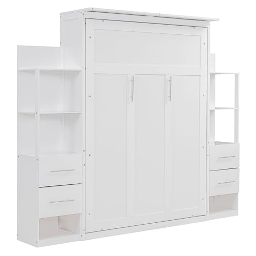 White Full Size Wood Murphy Bed with Shelves and LED Lights U1324