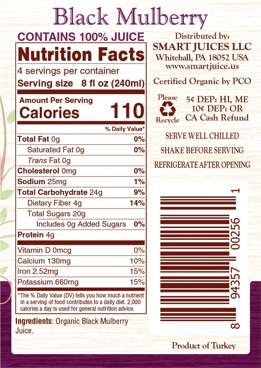 6 Pack Organic Black Mulberry Juice 33.8 Fl Oz W551