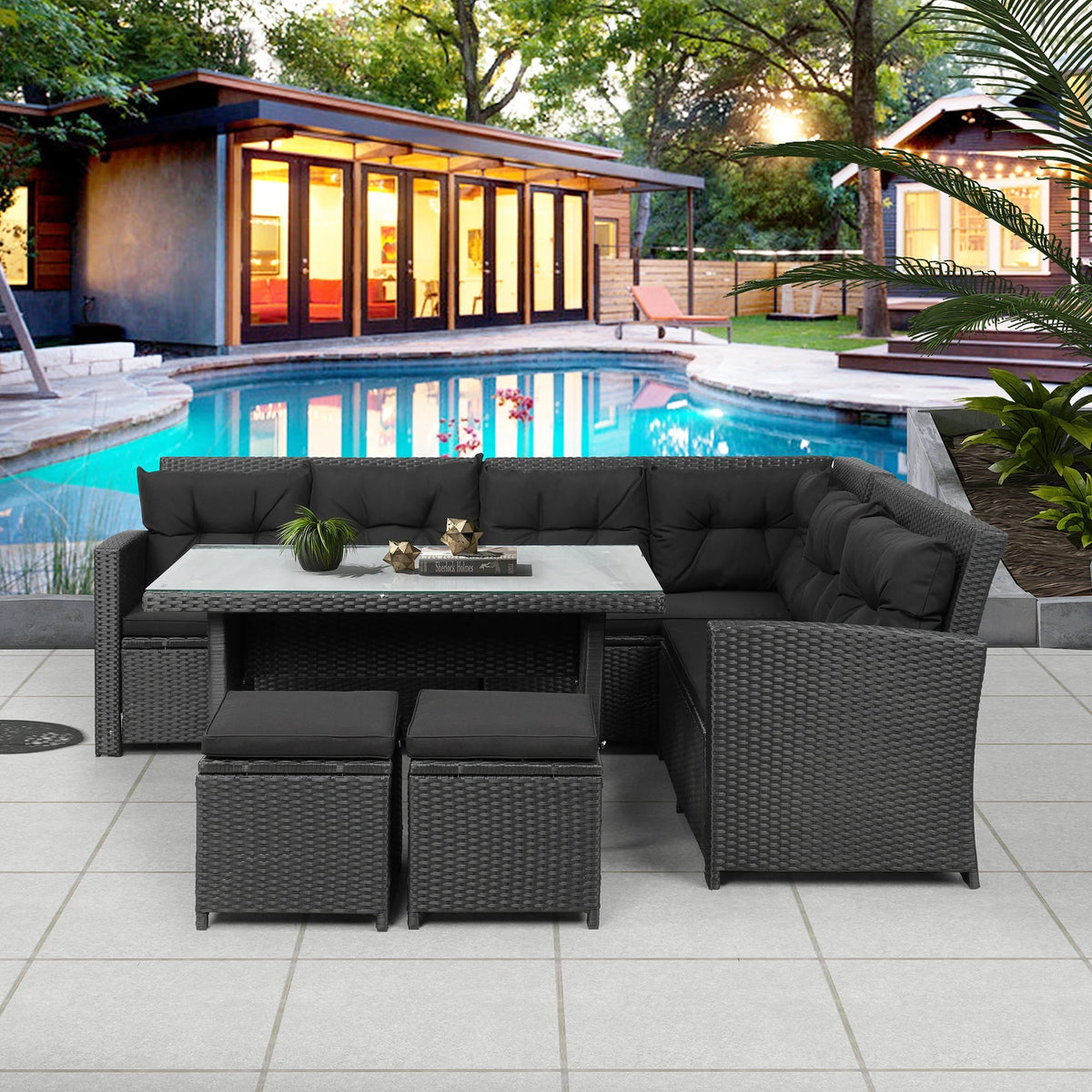 6-Piece Outdoor Sectional Sofa with Glass Table Ottomans Y6392