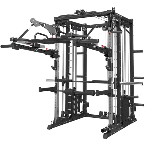 Commercial Smithe Machine with 308lb Dual Weight Stacks, Power Cage Squat Rack with Lever Arm & Leg Press, Cable Crossover Machine Q2811