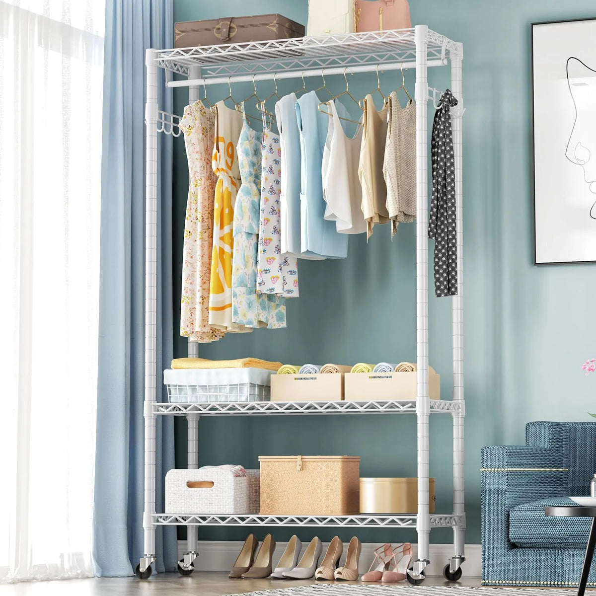 Portable Rolling Clothes Rack 3-Tier Adjustable Heavy Duty Metal White Q656060