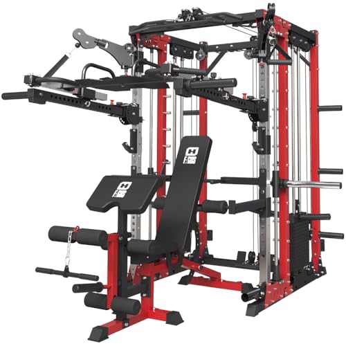 Commercial Smithe Machine with 308lb Dual Weight Stacks, Power Cage Squat Rack with Lever Arm & Leg Press, Cable Crossover Machine Q2811