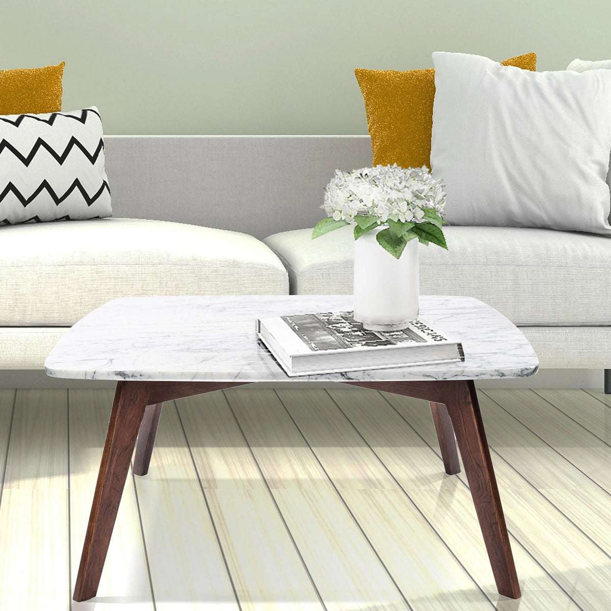 31" Square White Marble Coffee Table with Walnut Legs X4170