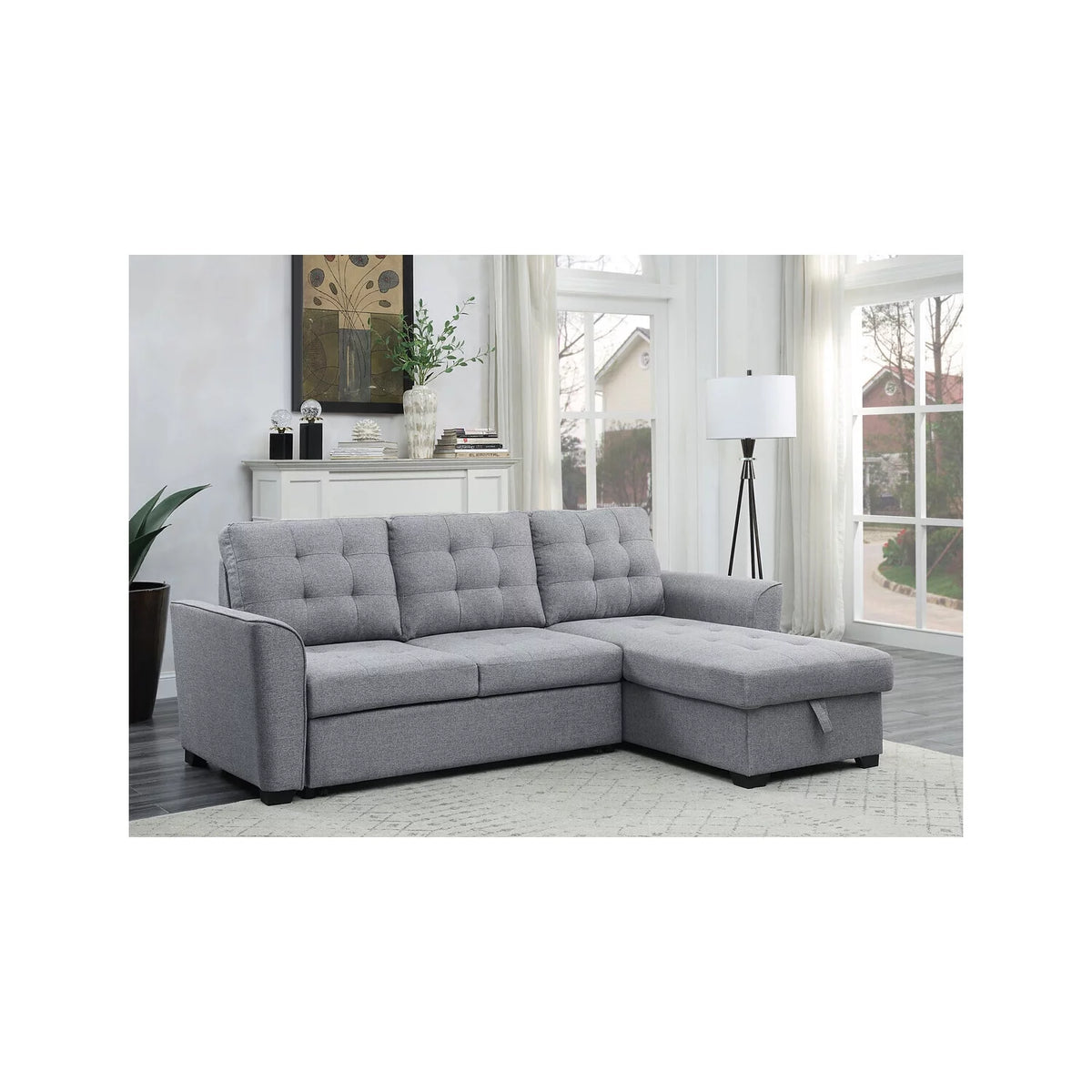 Light Gray Linen Sleeper Sectional Sofa with Reversible Storage Chaise S30717