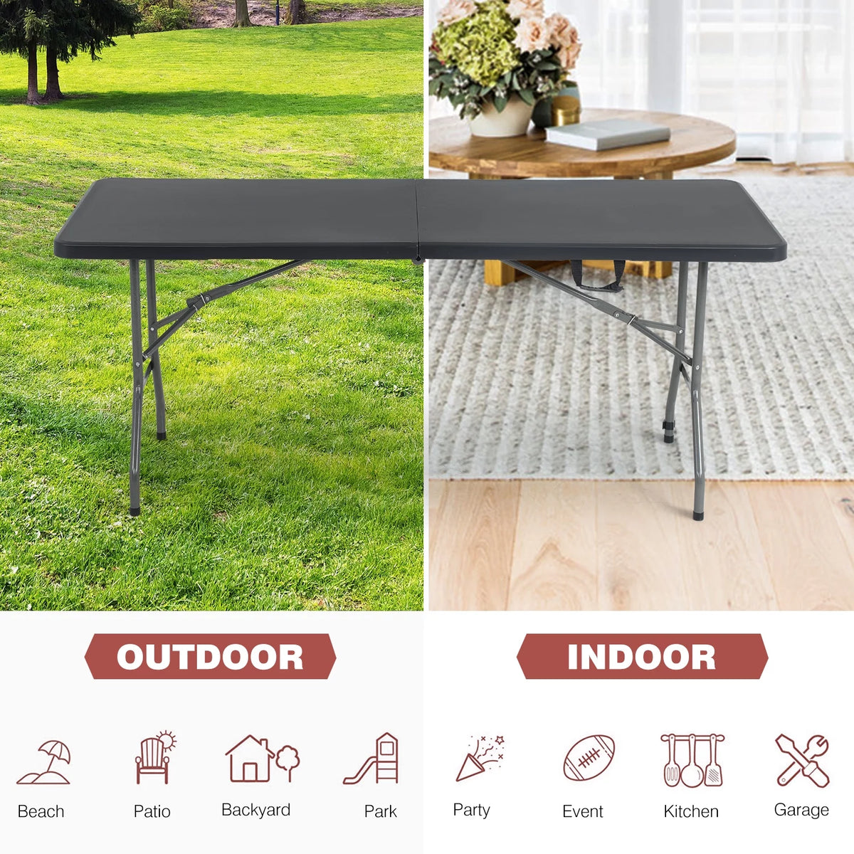 6ft Black Plastic Folding Table with Carrying Handle K4002