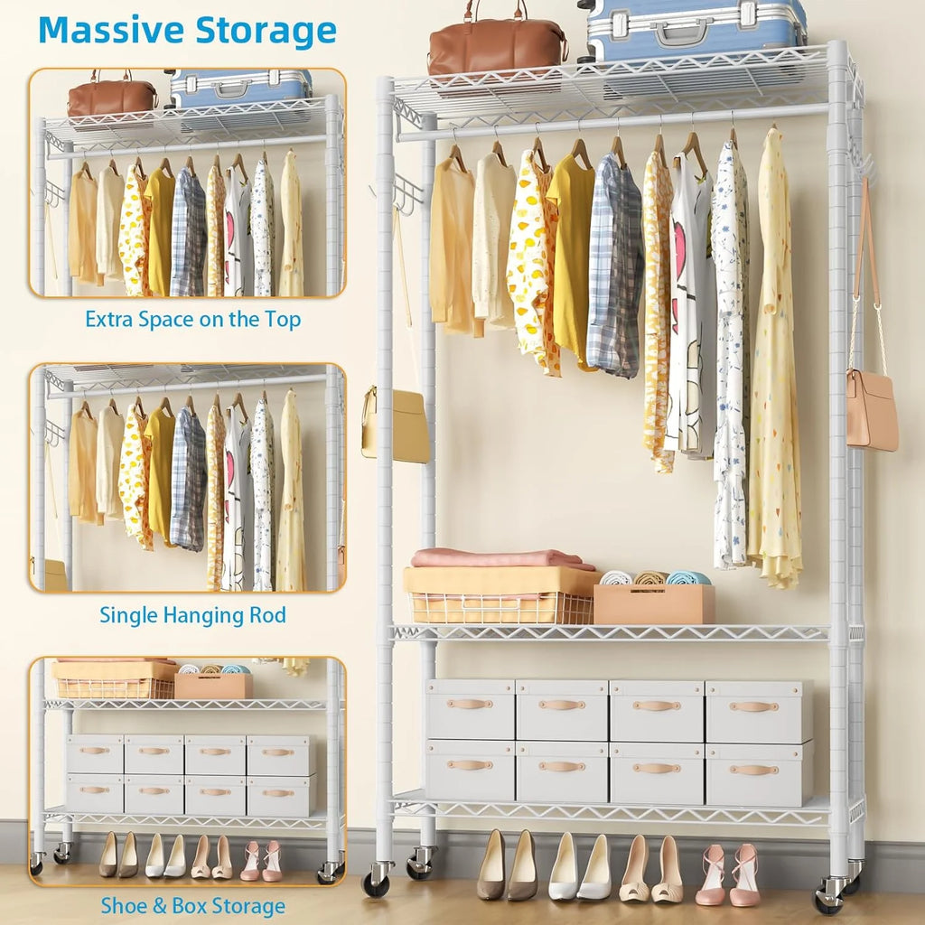 Portable Rolling Clothes Rack 3-Tier Adjustable Heavy Duty Metal White Q656060
