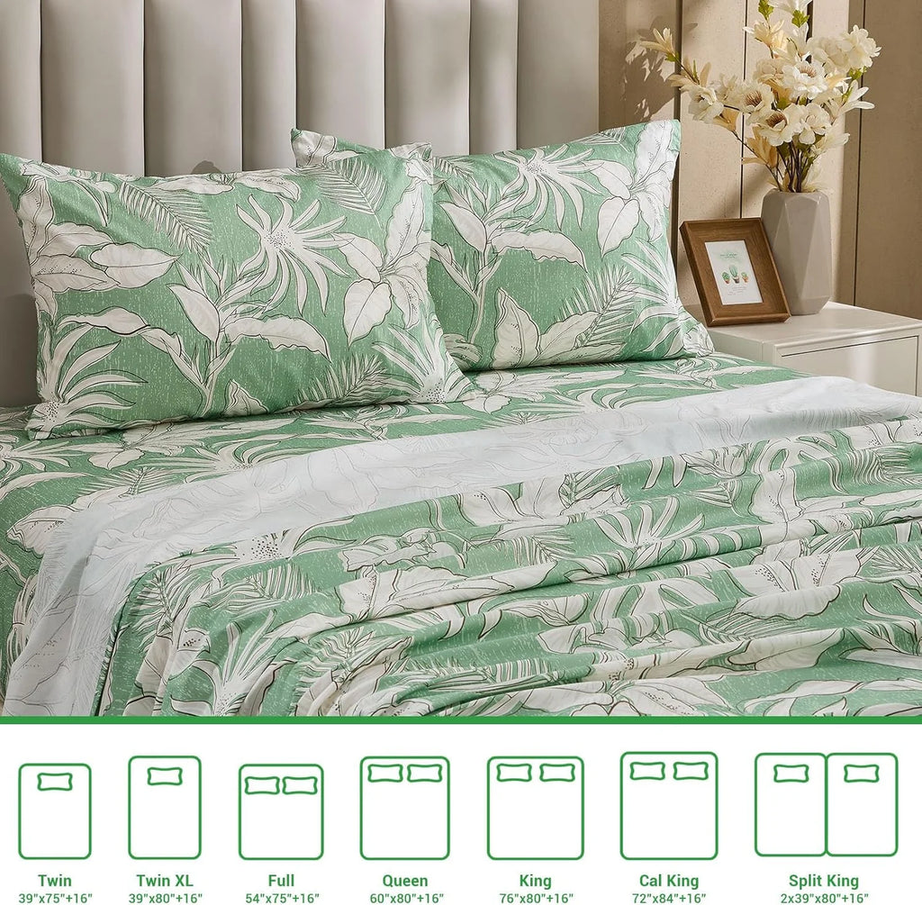 Green Floral Cotton Sheet Set Queen Size 4PC V123401