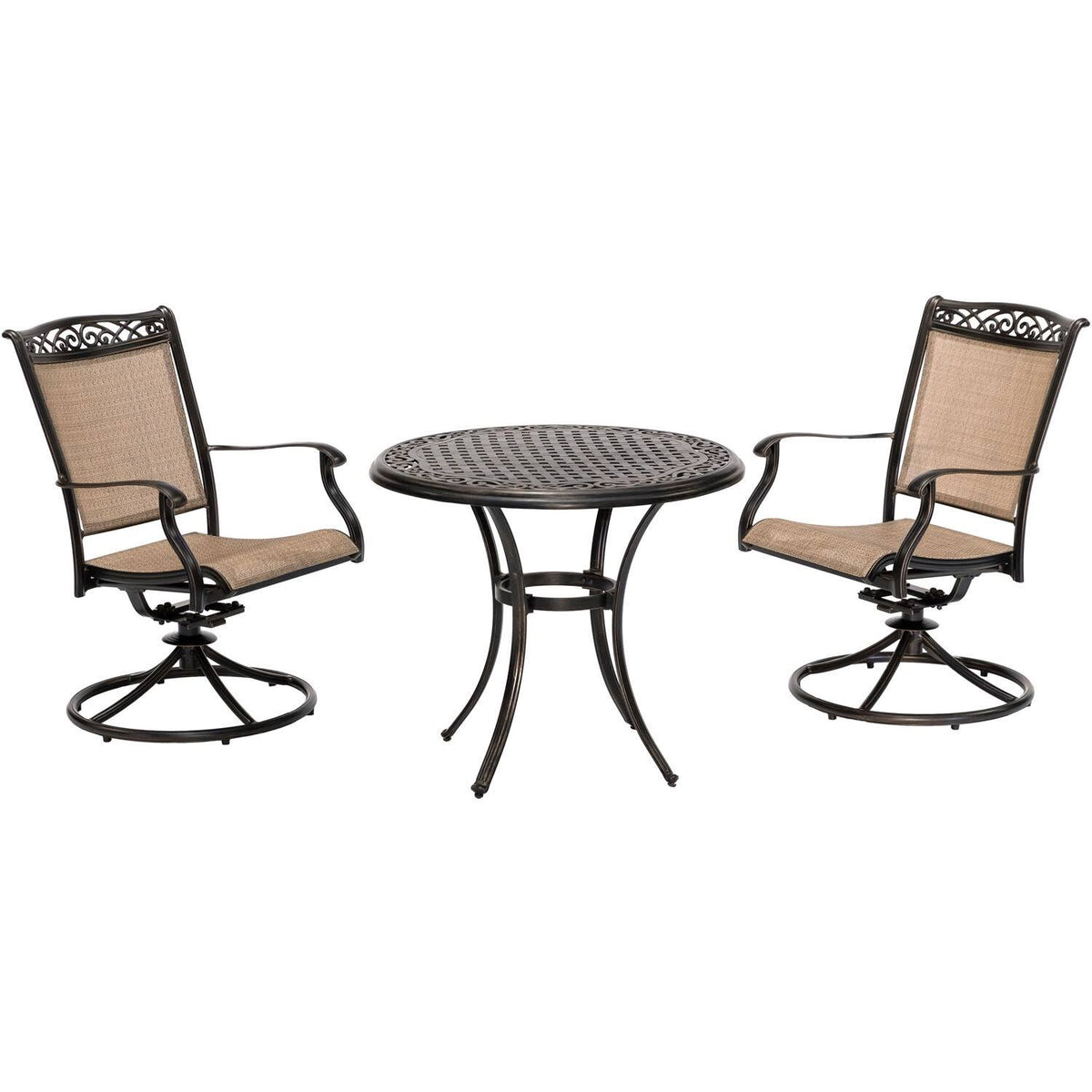 Beige 3-Piece Bistro Set with 2 Sling Swivel Rockers and Cast-Top Table A382
