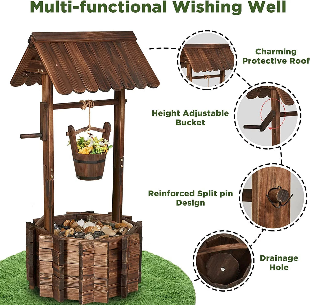 Wooden Wishing Well with Hanging Bucket P6255