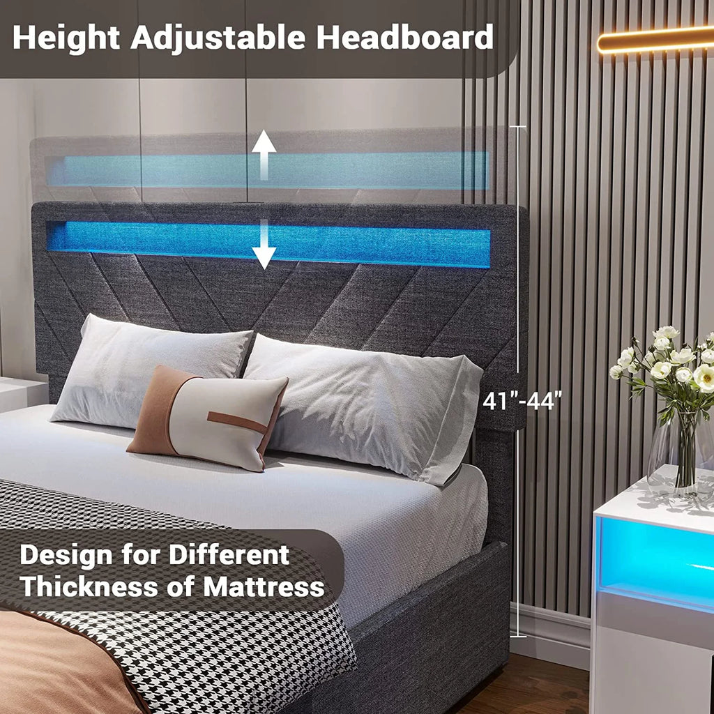 Queen Upholstered Platform Bed Frame with 4 Storage Drawers and LED Headboard V5748