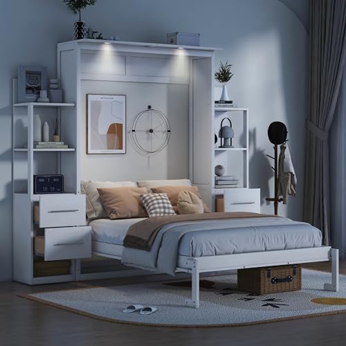White Full Size Wood Murphy Bed with Shelves and LED Lights U1324