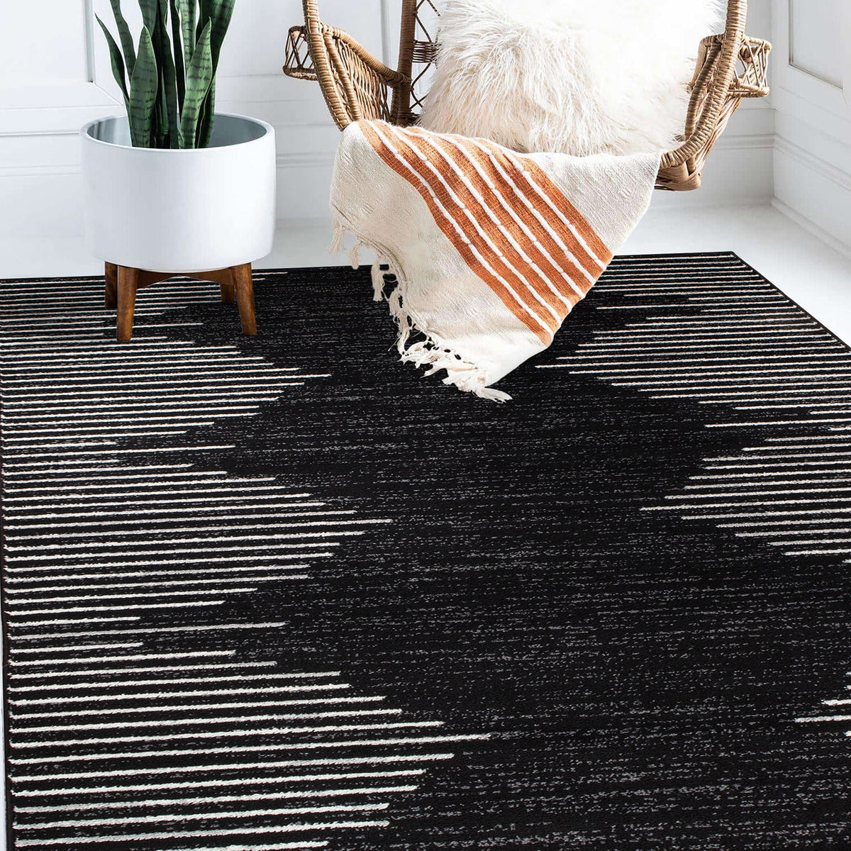 Black Bohemian Stripe Area Rug K424