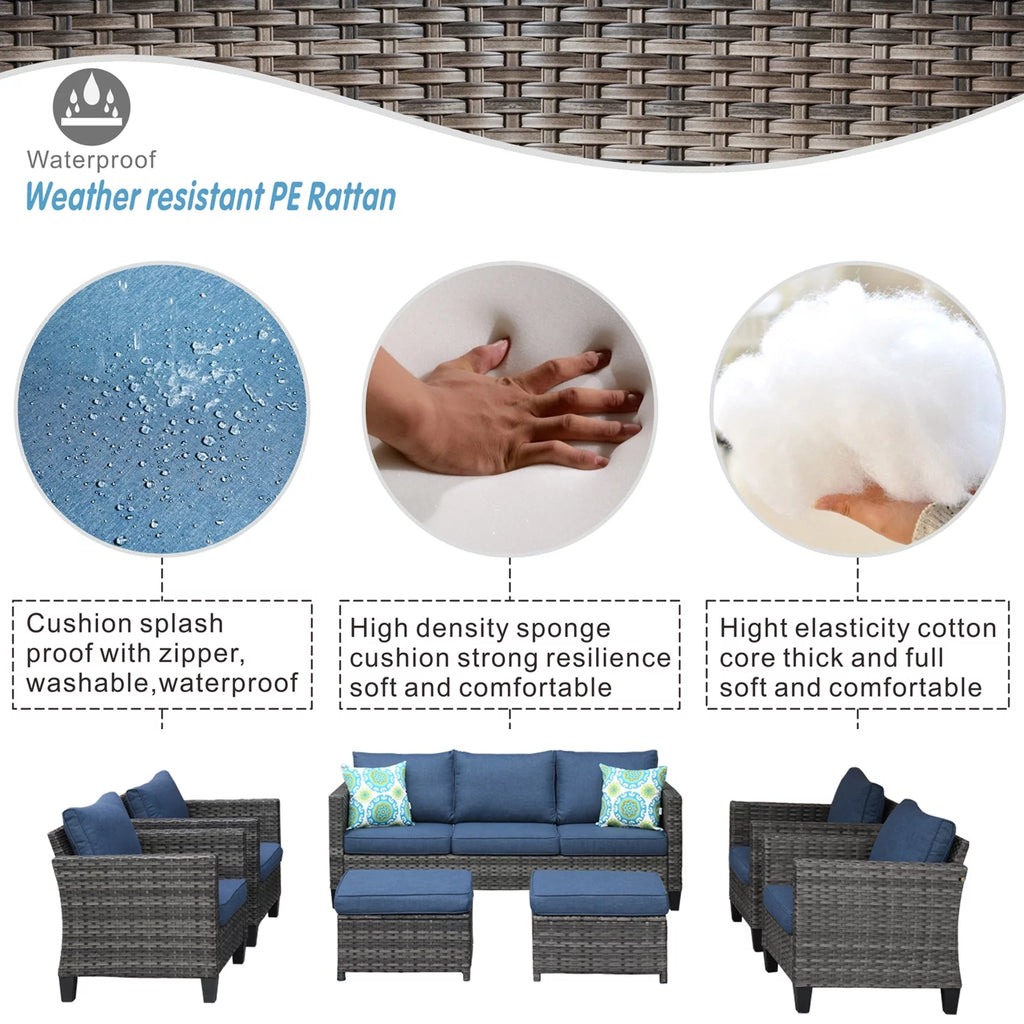 7 Pieces All Weather Wicker Patio Furniture Set with Sectional Couch and Ottoman D67900