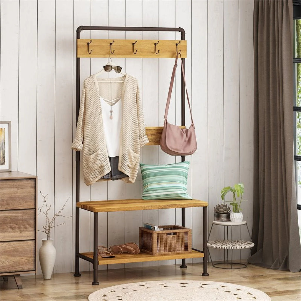 Acacia Wood Bench with Shelf and Coat Hook J924