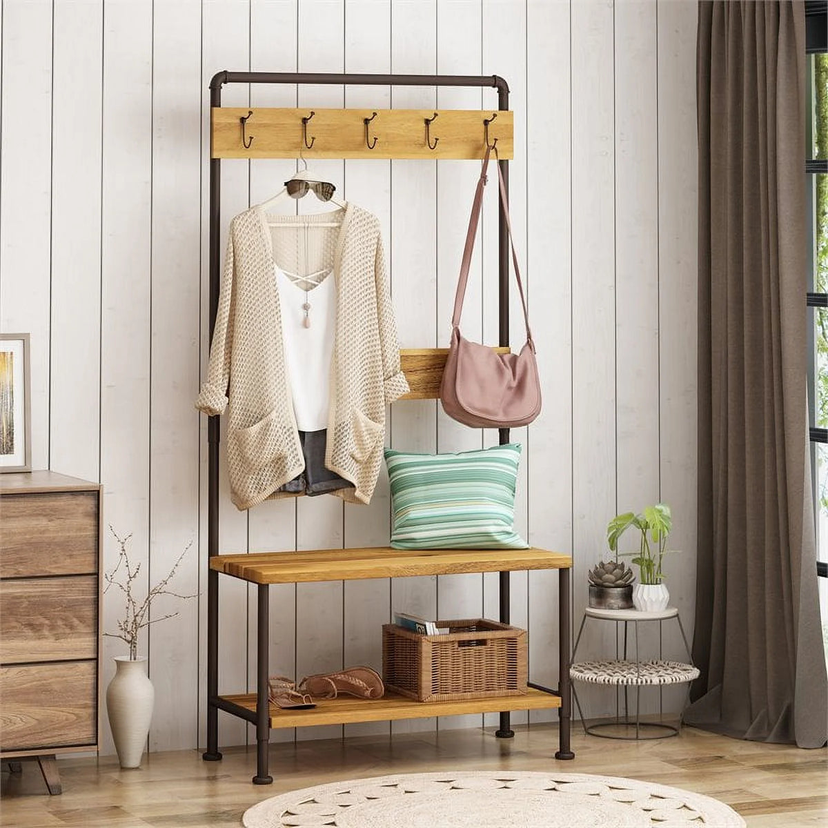 Acacia Wood Bench with Shelf and Coat Hook J924