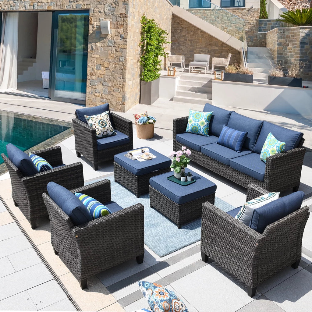 7 Pieces All Weather Wicker Patio Furniture Set with Sectional Couch and Ottoman D67900