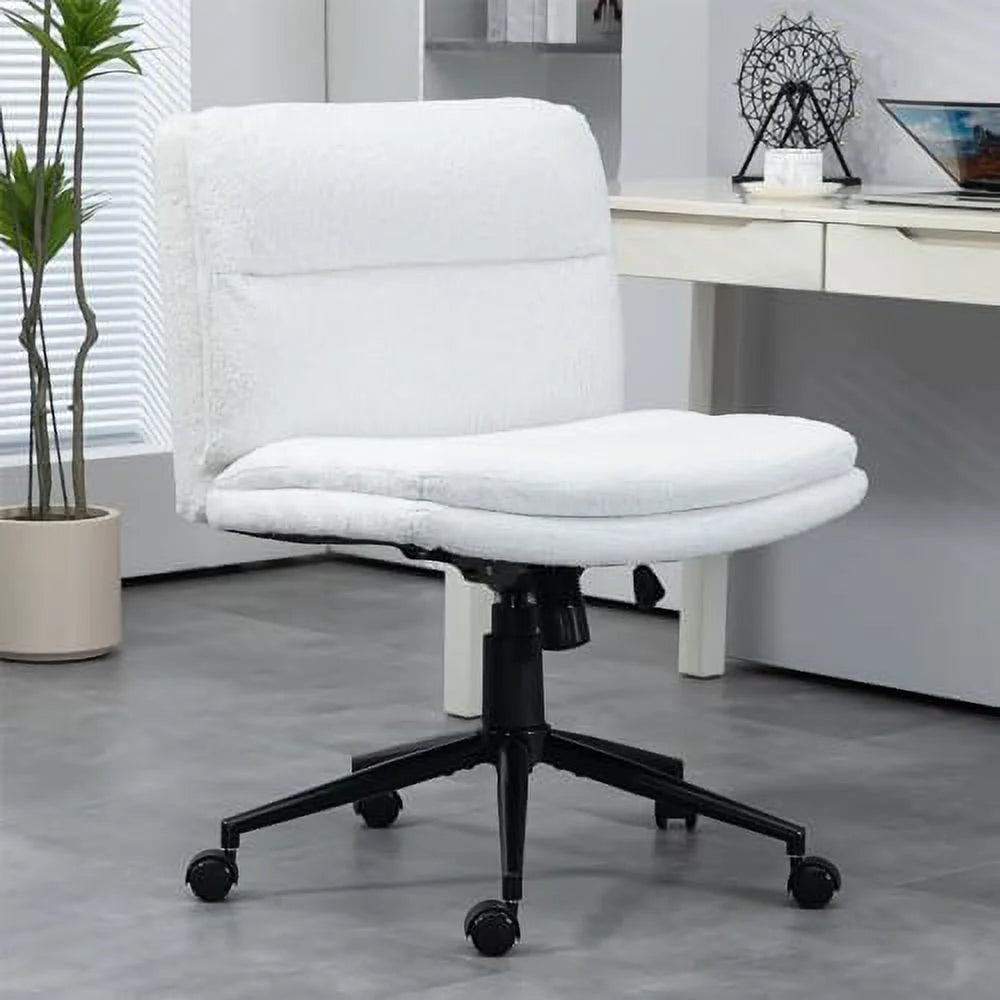 White Armless Wide Office Desk Chair with Wheels N21737
