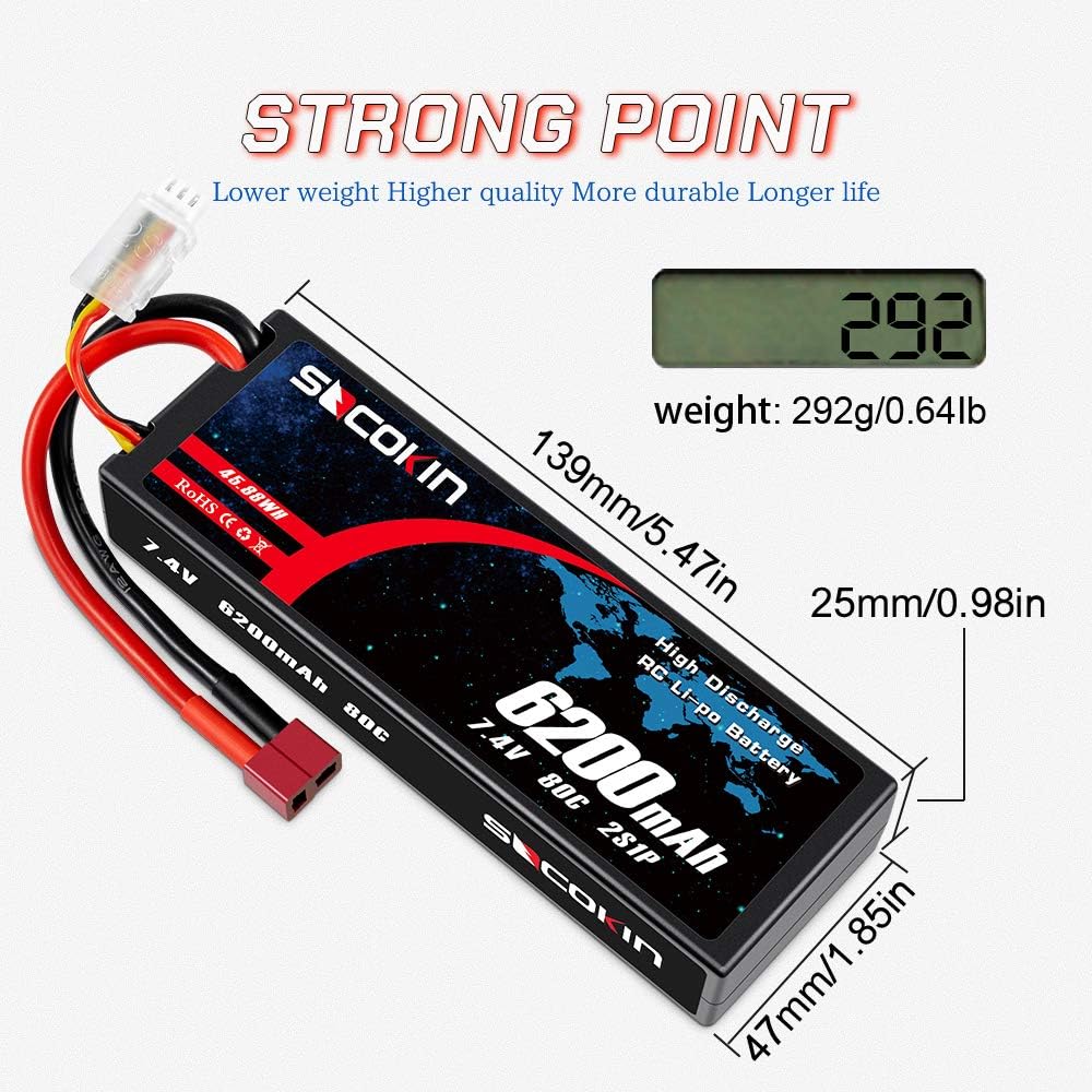2 Pack 7.4V 2S 6200mAh 80C Hard Case Lipo Battery with Deans T E765