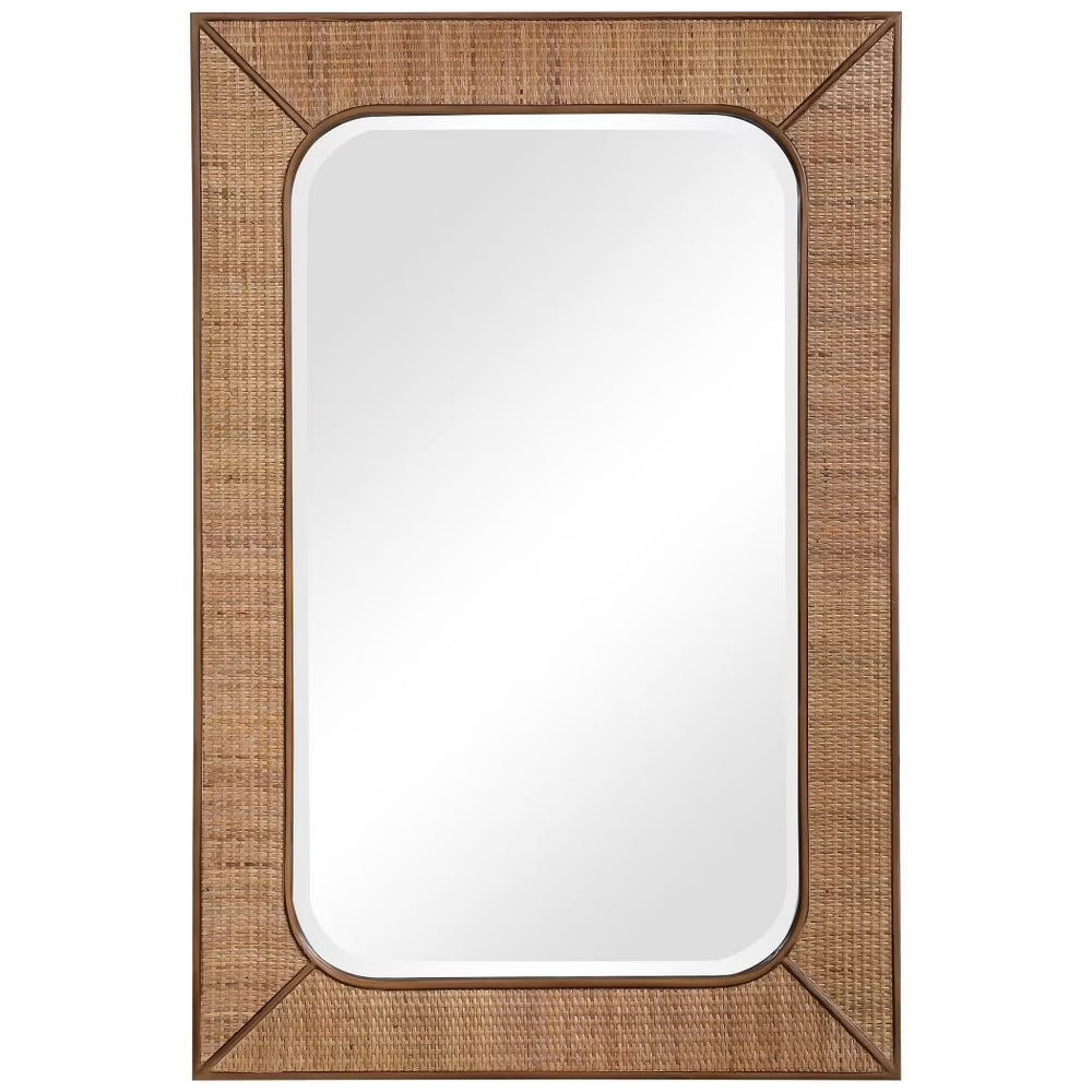 28 inches W X 42 inches H Rectangular Mirror with Woven Rattan Frame E488